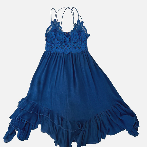 Free People FP One Adella Slip Dress Women Small Navy Floral Crochet Lace Ruffle - Picture 2 of 9